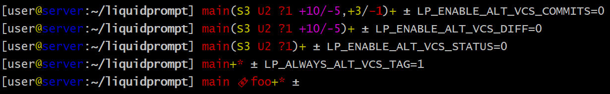 [user@server:~/liquidprompt] main(U1 ?1 +8/-1,+1/-3)+ ±