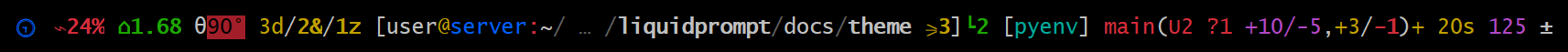 🕤 ⌁24% ⌂1.68 θ90° 3d/2&/1z [user@server:~/ … /liquidprompt/docs/theme ⚞3] [pyenv] main(U2 ?1 +10/-5,+3/-1)+ 20s 125 ±