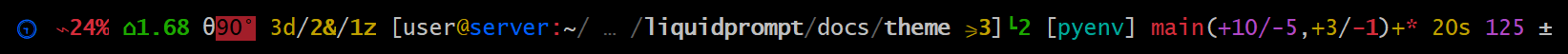 🕤 ⌁24% ⌂1.68 θ90° 3d/2&/1z [user@server:~/ … /liquidprompt/docs/theme ⚞3] [pyenv] main(+10/-5,+3/-1)+* 20s 125 ±